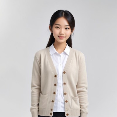 Young woman in beige cardigan smiling