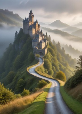 Scenic castle on misty hill