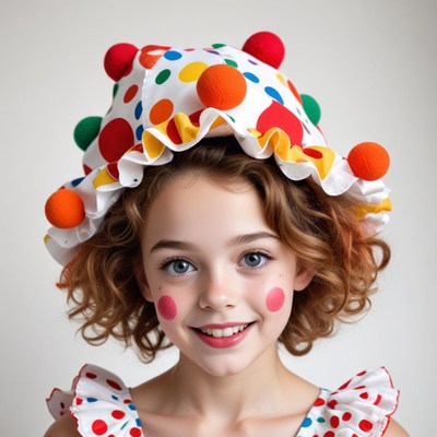 Girl in colorful clown outfit poses happily