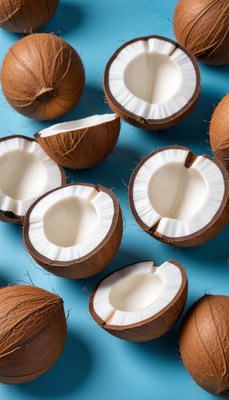 Fresh coconut halves on blue surface