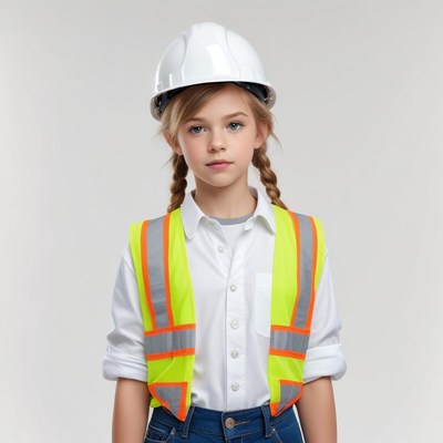 Young girl in safety gear at construction site