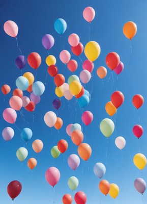Colorful balloons floating in clear sky
