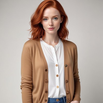 Redhead model poses in cardigan