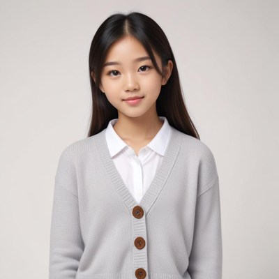 Young girl with long hair in gray cardigan