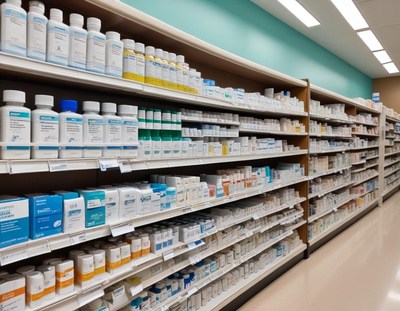 Pharmacy shelves filled with medicines
