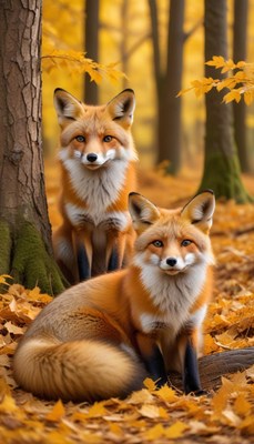 Two foxes in autumn woods