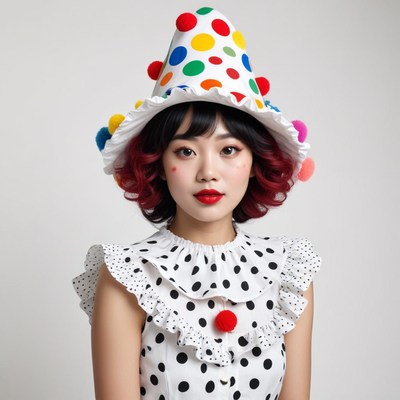 Vibrant clown costume with polka dots