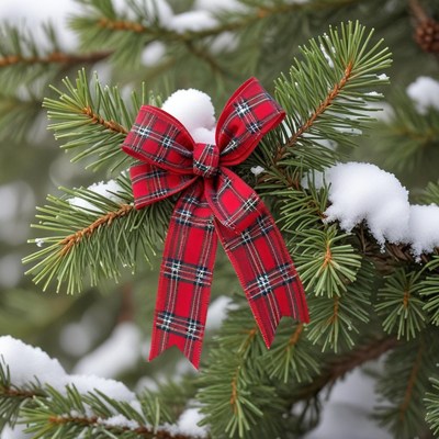 Festive red bow on snow-covered pine