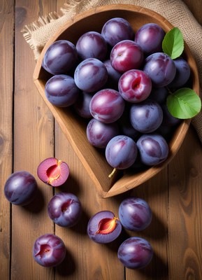 Fresh plums in wooden bowl