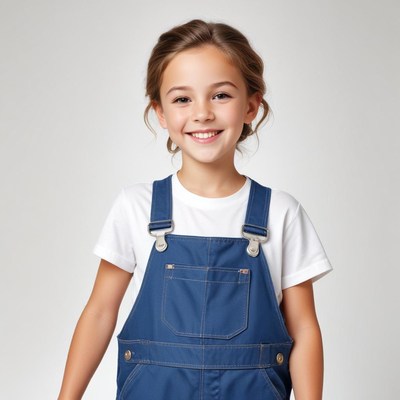 Smiling girl in blue overalls