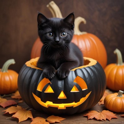 Black kitten in halloween pumpkin