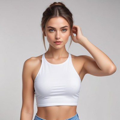 Model poses in white top