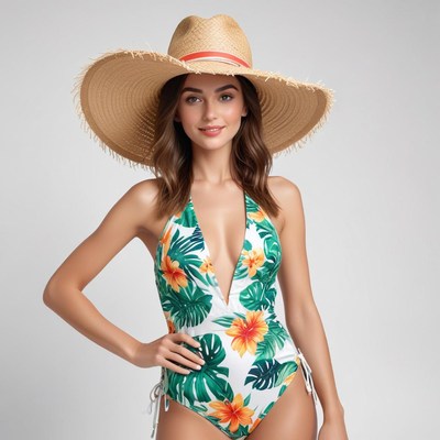 Woman in summer swimsuit and hat