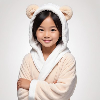 Young girl in cozy robe with bear ears