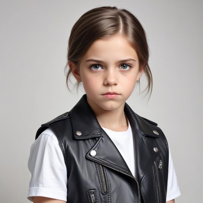 Child models stylish leather outfit