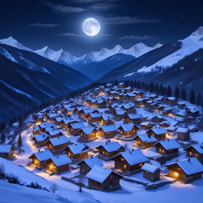 Winter village under full moon