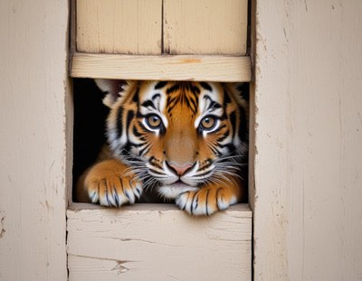Tiger peeking through wooden door
