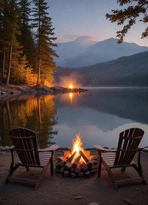 Campfire by the lake at dusk
