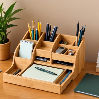 Organized desk with bamboo stationery holder