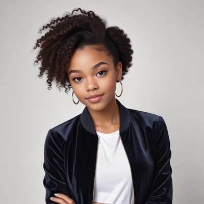 Young girl with curly hair posing confidently