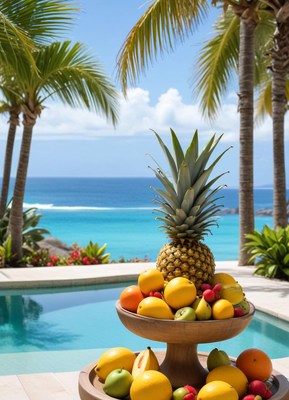 Tropical fruit display by the pool