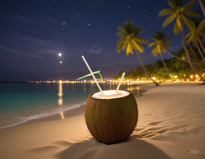 Coconut drink on tropical beach at night