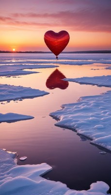Heart-shaped balloon over icy lake