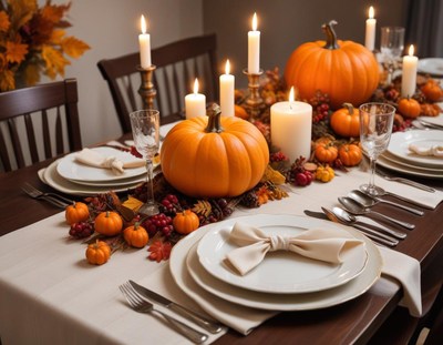 Fall dining table with pumpkins and candles
