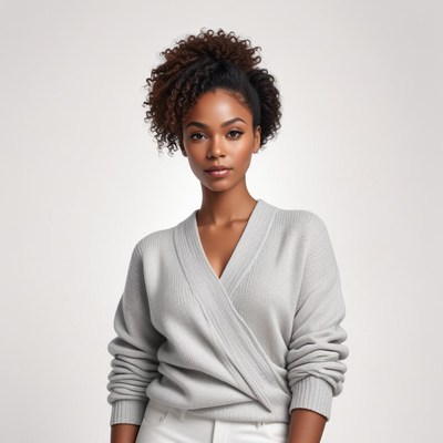 Woman in grey sweater poses confidently