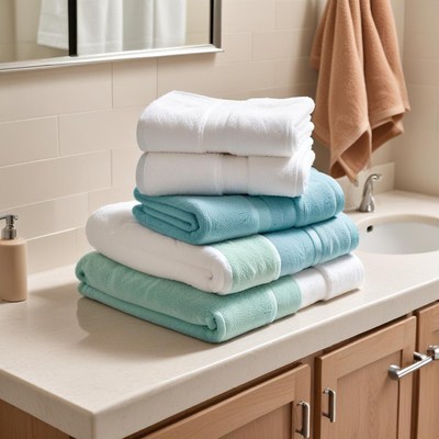 Freshly folded towels in bathroom