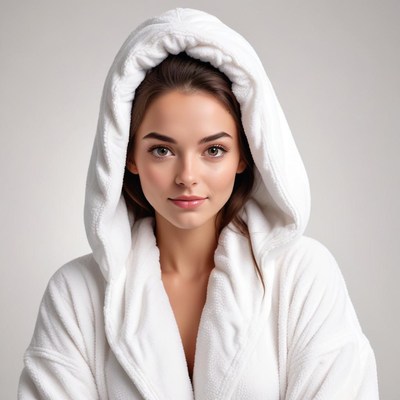 Woman in cozy bathrobe indoors