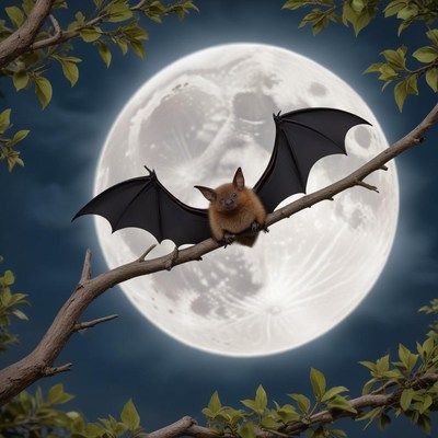 Bat resting on branch under full moon