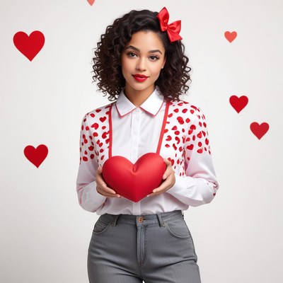 Woman holds red heart on valentine’s day