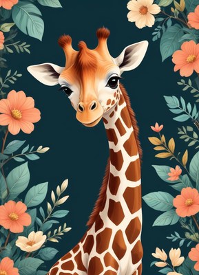 Giraffe surrounded by flowers