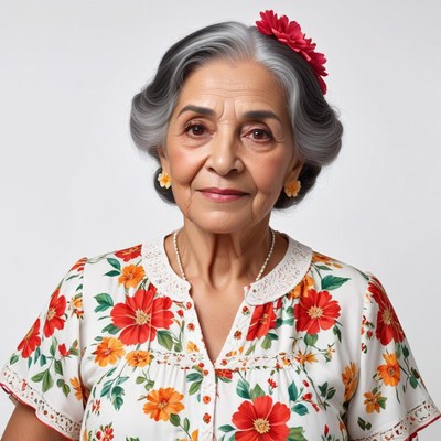 Elderly woman in floral blouse