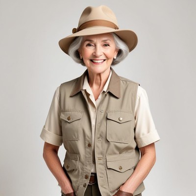 Elderly woman in safari outfit