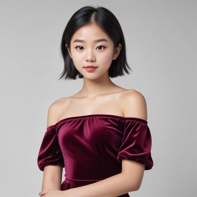 Girl in burgundy off-shoulder dress posing