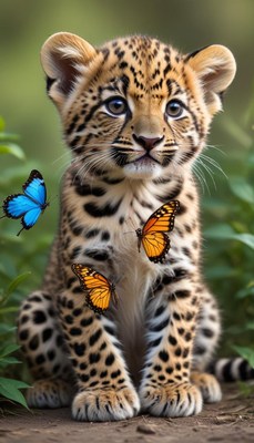 Playful leopard cub with butterflies
