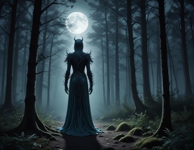 Dark figure in a moonlit forest