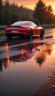 Red sports car on wet road at sunset