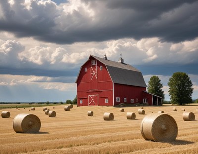 Red barn in golden field under cloudy sky