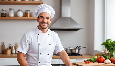 Smiling chef in modern kitchen preparing meal