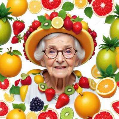 Cheerful woman with fruit hat