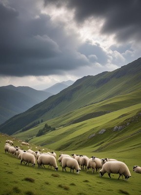 Sheep grazing in green hills