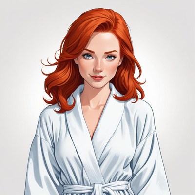 Woman in white robe with red hair