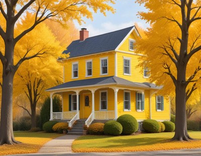 Bright yellow house in autumn landscape