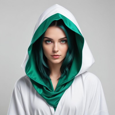 Woman in green-collared hood