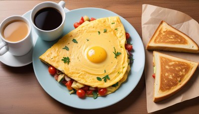 Delicious breakfast with omelet and coffee