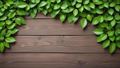 Green leaves on wooden background