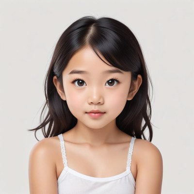 Young girl with dark hair and gentle expression